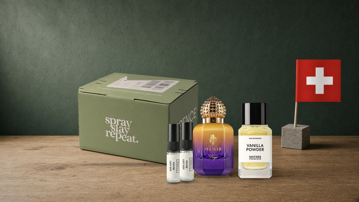 Essence Garden Versandkarton mit Parfums und Schweizer Flagge