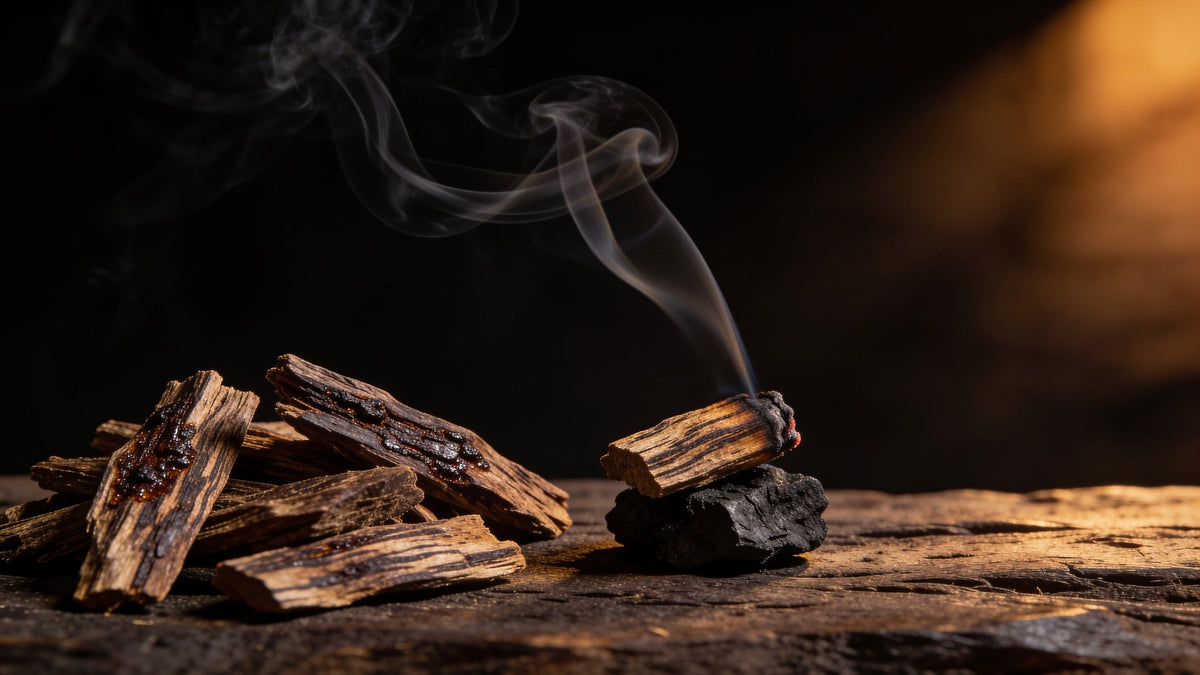 Glühendes Oud-Holz mit Rauch auf dunklem Untergrund
