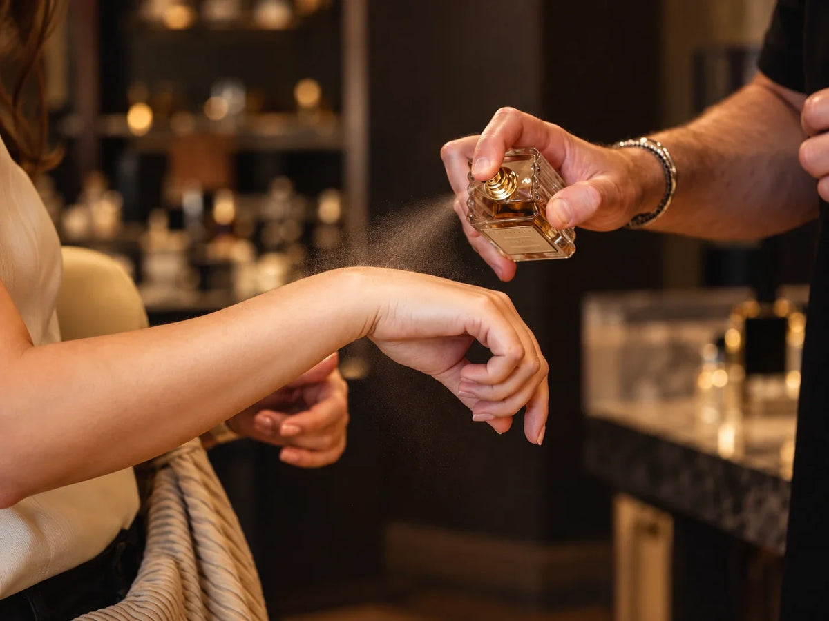 Parfum wird in einer Boutique auf das Handgelenk einer Kundin gesprüht